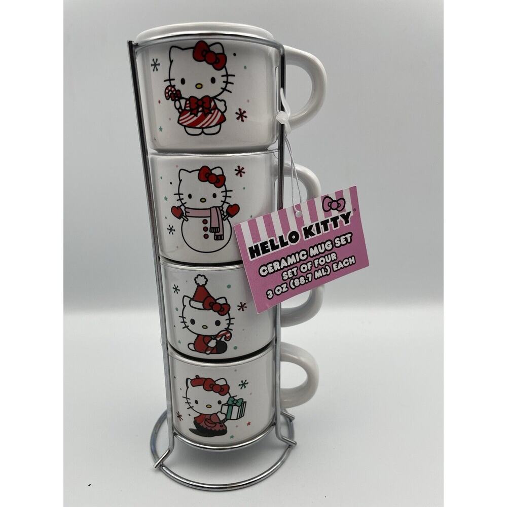 Hello Kitty Ceramic Christmas Stacking 4 Set Of 3oz Espresso Cups *NEW WITH TAGS